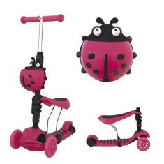 Patinete Infantil Rosa 03 Rodas Joaninha 2 Em 1 Com Led