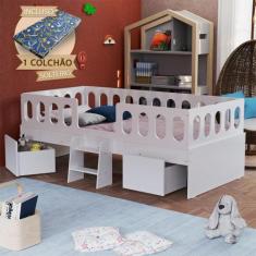 Cama Infantil Lara Solteiro Com Nichos Escadinha E Colchão Branco - Ba