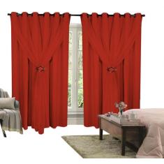 Cortina Corta Luz 4,00m X 2,70m 100% Blackout Com Voil Vermelho Para S