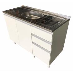 Balcão Pia 120Cm 100% Mdf 3 Portas 2 Gavetas Para Cozinha Branco