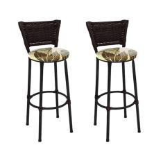 Kit 2 Banquetas Médias Preta com Encosto Junco Argila Assento Floral Marrom