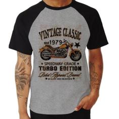 Camiseta Raglan Vintage Classic Moto - Foca na Moda, Cinza, Preto, P