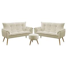 Kit 2 Poltronas Namoradeiras Decorativas Estofadas Beta e Puff Solar Sued Bege Aradecor