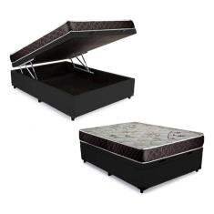 Cama Box Baú Casal Conforto Sintético Preto + Colchão Casal Conforto Espuma D23  24x138x188