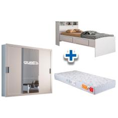 Cama Solteiro Ravena + Colchão Orthocrin + Guarda Roupa Veneza Luxo Branco