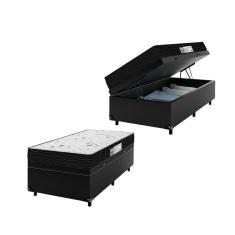 Cama Box Baú Solteiro + Colchão D33 One Face - 61x88x188cm - Couro Preto