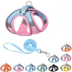 Peitoral para cães médios, conjunto de coleira e coleira para fácil caminhada, colete refletivo de malha respirável para cães de raça pequena e média, rosa azul M