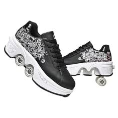 WSROYW Tênis de skate feminino, duas fileiras deformadas, patins quadriláteros, sapatos de caminhada automática, patins destacáveis, sapatos com rodas para meninas e meninos, sapatos de patinação