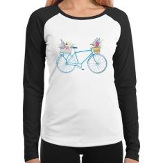 Baby Look Raglan Bicicleta e Flores Manga Longa - Foca na Moda, Branco