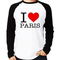 Camiseta Raglan I love Paris Manga Longa - Foca na Moda, Branco, Preto