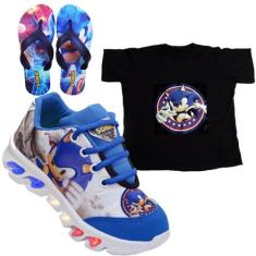 Tenis De Led Infantil Sonic + Camisa + Chinelo Lançamento, 20