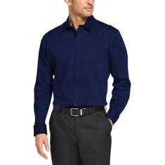 Camisa Social Masculina Bom Pano Manga Curta Lisa Azul Marinho Escuro,