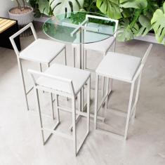 Conjunto Mesa Alta Bar Bistrô Redonda Vidro 4 Banquetas Confort Estofa