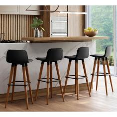 Kit 4 Banquetas Altas Luxo Linea Aço Madeira Maciça Assento Linho Preto Carvalho Unidecor