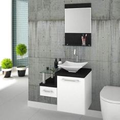 Conjunto para Banheiro Gabinete com Cuba de Apoio Folha L34 e Espelheira Legno 631W Branco/Preto Onix