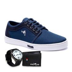 Tênis Masculino Polo Joy Casual Em Lona Amarração + Relógio