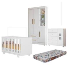 Quarto de Bebê com Berço Mini Cama, Cômoda 1 Porta 4 Gavetas e Roupeiro Flocos 3 Portas 2 Gavetas Branco