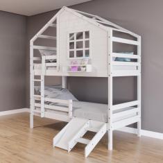 Beliche Casinha com Janela com Escada/Escorregador e Grade de Proteção Madeira Maciça Branco Housin