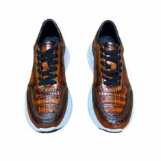 Tênis masculino autêntico de pele de crocodilo pintado à mão couro de jacaré genuíno cor bronzeada cadarço masculino casual macio sapatos rasos, Marrom, 39