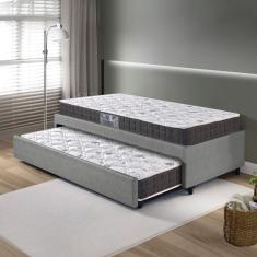Bicama Box Solteiro Courino Linho Cinza 88x188 com Colchão Pantanal Espuma D28 Anjos