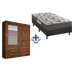 Cama Box Solteiro + Colchão D33 Ortobom + Guarda Roupa Sonare Canela