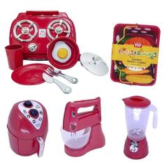 Cozinha Vermelho Brinquedo Kit Infantil Mercado Fogão 22Pç