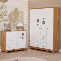 Quarto de Bebê Completo Guarda Roupa 4 Portas Cômoda 1 Porta 3 Gavetas 100% MDF Bolinha