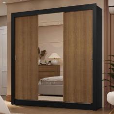 Guarda-Roupa Casal 3 Portas de Correr com Espelho 2 Gavetas Preto/Rust