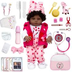 Boneca Reborn Negra Roupa Girafinha 46cm Enxoval Completo - Cegonha Re