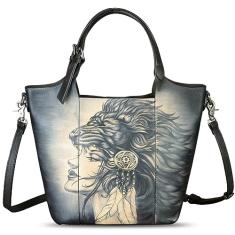 Bolsa feminina de couro genuíno pintada à mão, feita à mão, bolsa de ombro casual, Padrão 3, Medium