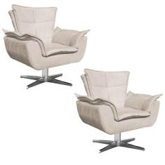 Kit 2 Poltronas Decorativas Sala De Estar Base Giratória Cromada Opla Suede Bege - Ibiza