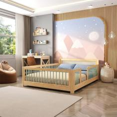 Cama Infantil Casal Montessoriano Wave com Rattan Casatema Verde/Natur