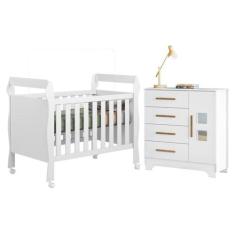 Quarto de Bebê com Berço Mini Cama 3 em 1 Soninho 100% Mdf e Cômoda 4 