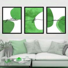 Kit Quadro Decorativo Gratidão Fé Amor Verde 45x34cm 3 Peças