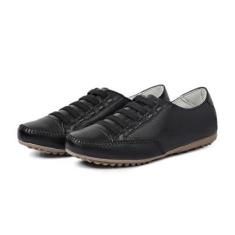 Tênis Casual em Couro Feminino com Elástico Costura Manual e Sola Borracha-Feminino