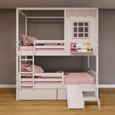 Beliche Casinha Reta Com 02 Gavetas Escorregador E Grade Removível Madeira Maciça Branco/ Rosa Housin