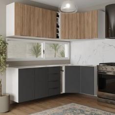 Cozinha Modulada 8 Peças sem Tampo sem Rodapé 4 Aéreos e 4 Balcões Ipanema CabeCasa MadeiraMadeira Grafite Trama/Acácia