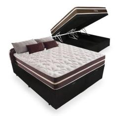 Cama Box Baú King 193 Tecido Sintético Preto com Colchão Little Angel 