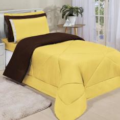 Kit Edredom Dupla Face Ternura Solteiro 4 Peças - Amarelo e marrom - B