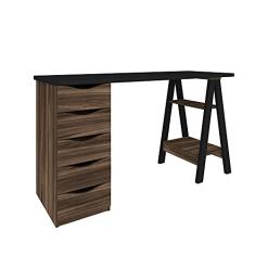 Escrivaninha Pés de Cavalete com 5 Gavetas, 2 Prateleiras - Spirit Artany - Preto com Ipê
