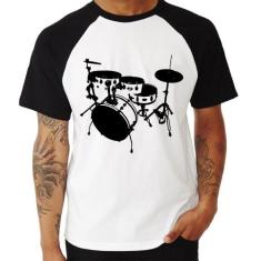 Camiseta Raglan Bateria Música Baterista - Foca na Moda, Branco, Preto