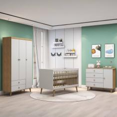 Quarto De Bebê Completo Berço 3 Em 1 Cômoda Com Porta Fraldário Infantil Guarda Roupas 3 Portas Brano Off White Carolina Baby