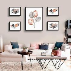 Conjunto Kit 5 Quadros Decorativos Geométrico Rose Gold Sala