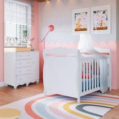 Quarto de Bebê com Cômoda 1 Porta 4 Gavetas e Berço Mini Cama Nina 100% Mdf Espresso Móveis Branco Brilho