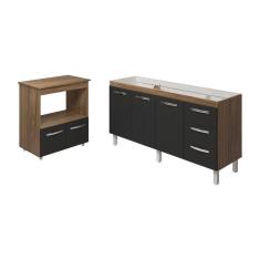 Balcão Cozinha Armário Gabinete De Pia 160 Cm Estela E Balcão Para Forno Elétrico E Microondas Amanda Savana Preto