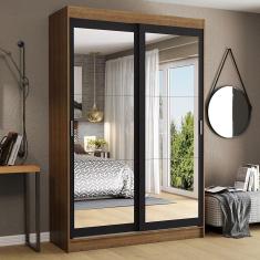 Guarda-Roupa Solteiro Madesa Tokio 2 Portas de Correr de Espelho 2 Gavetas - Rustic/Preto