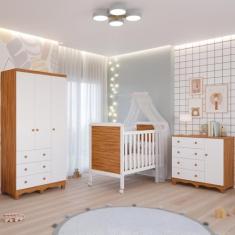 Quarto Bebê Completo Berço Americano Cloe 2 em 1 Guarda Roupas 3 Portas 3 Cômoda Junior 100% MDF