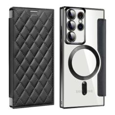 Porta-cartões de couro magnético para Samsung Galaxy S23FE S24 S22 Ultra Plus Porta-cartões de carga sem fio Capa dura à prova de choque, preta, Galaxy S23 FE