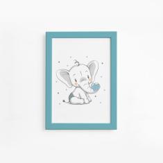 Quadro Elefante e Coração Azul Moldura Azul 22x32cm - Quartinhos
