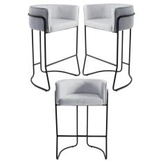 Kit 3 Banquetas Decorativas Base Aço Preto Betina Linho D-315 Cinza - Domi
